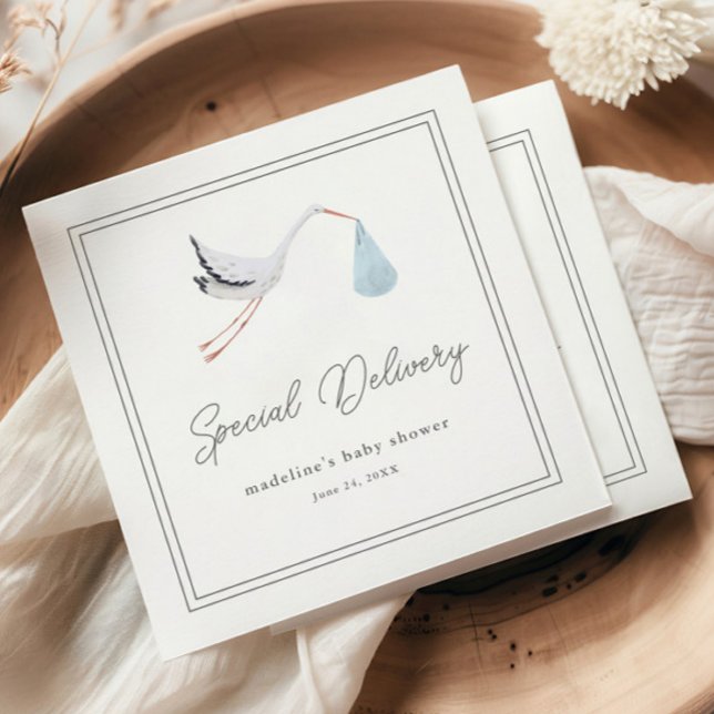 Servilleta De Papel Chupetón de Cigüeña Elegante (Elegant hand painted stork blue boys baby shower napkins.)