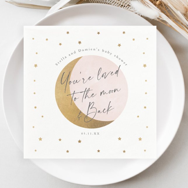 Servilleta De Papel Chupinada de luna y estrellas (Elegant Gold Moon and Stars Script Pink Girls Baby Shower Napkin.)