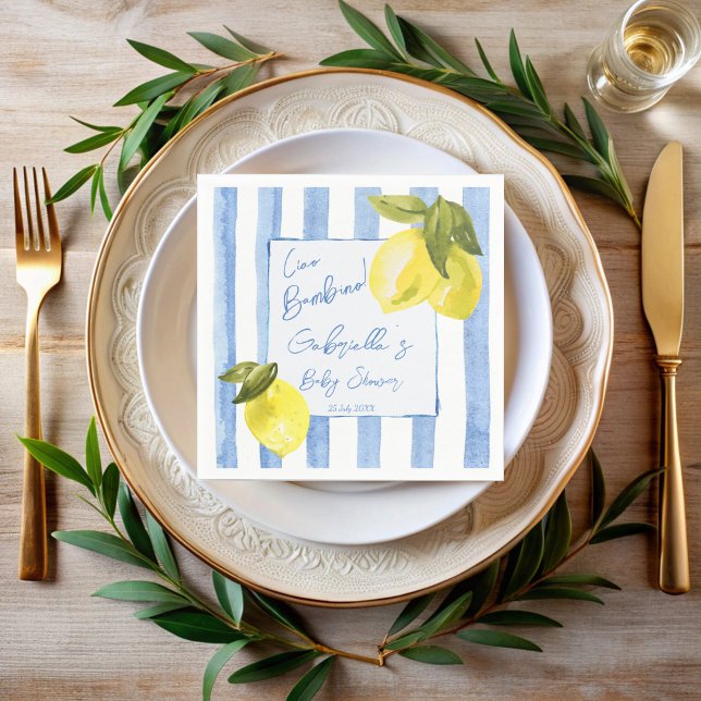 Servilleta De Papel Ciao Bambino rayas azules limones ducha bebé (Ciao bambino Italian baby shower blue stripes lemons monogrammed napkins personalized table decor)