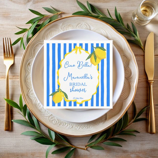 Servilleta De Papel Ciao bella rayas azules limones despedida de solte (Ciao bella blue stripes wavy border lemons Italian bridal shower monogrammed printed napkins)