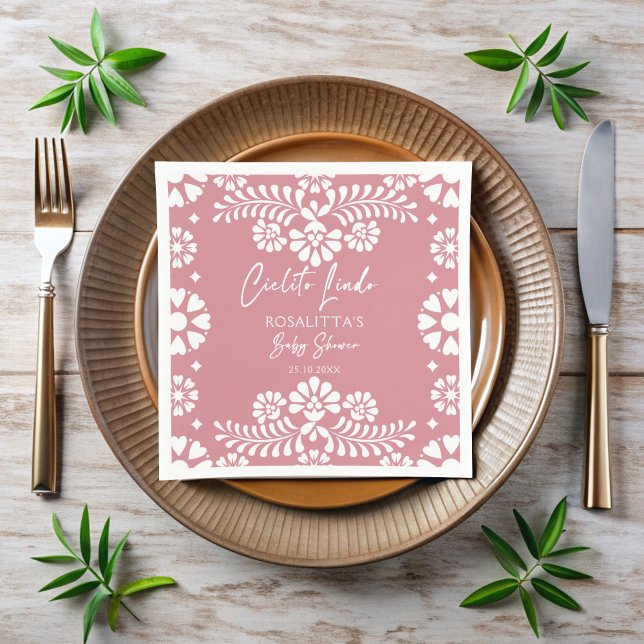 Servilleta De Papel Cielito lindo ducha de bebé mexicana rosa (Cielito lindo dusty pink Mexican fiesta papel picado baby shower monogrammed personalized Napkins)