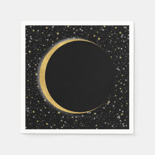 Servilleta De Papel Cielo negro y dorado, luna y estrellas, magia luna