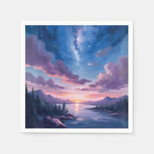 Servilleta De Papel Cielo Nocturno Lago Estrellado Púrpura Acuarela
