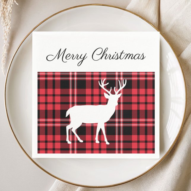 Servilleta De Papel Ciervo de patrón de cuadros escoceses rojos de Nav (Christmas Scottish Red Tartan Plaid Pattern Stag Napkins)