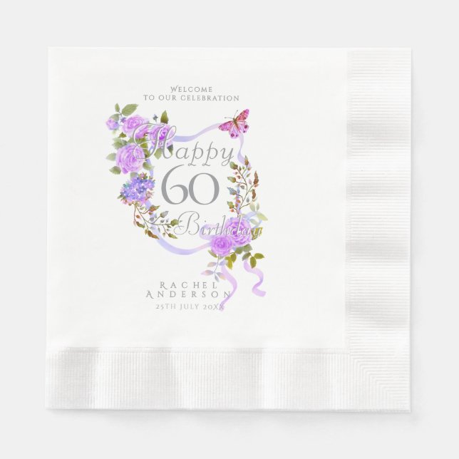 Servilleta De Papel Cinta de Rosa Púrpura 60 Cumpleaños (Anverso)