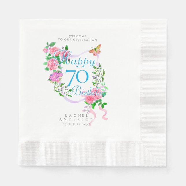 Servilleta De Papel Cinta de Rosa Rosa Cumpleaños 70 (Anverso)