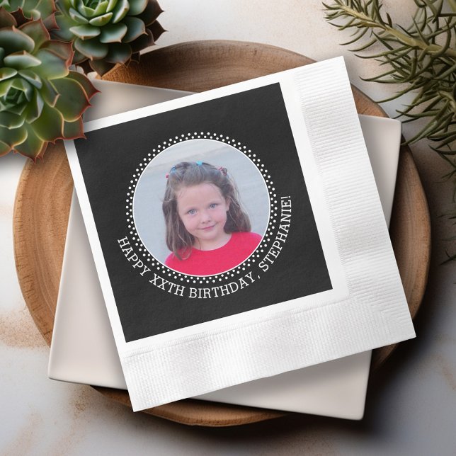 Servilleta De Papel Circle One Photo con el saludo de cumpleaños - Neg (Cute photo - personalized birthday napkins)