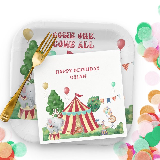 Servilleta De Papel Circus Animals and Big Top Kids Birday Fiesta (Circus Themed Paper Napkins personalized for Kids Birthday)