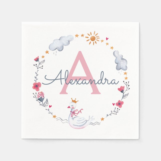 Servilleta De Papel Cisne rosa y corona floral con monograma (Anverso)