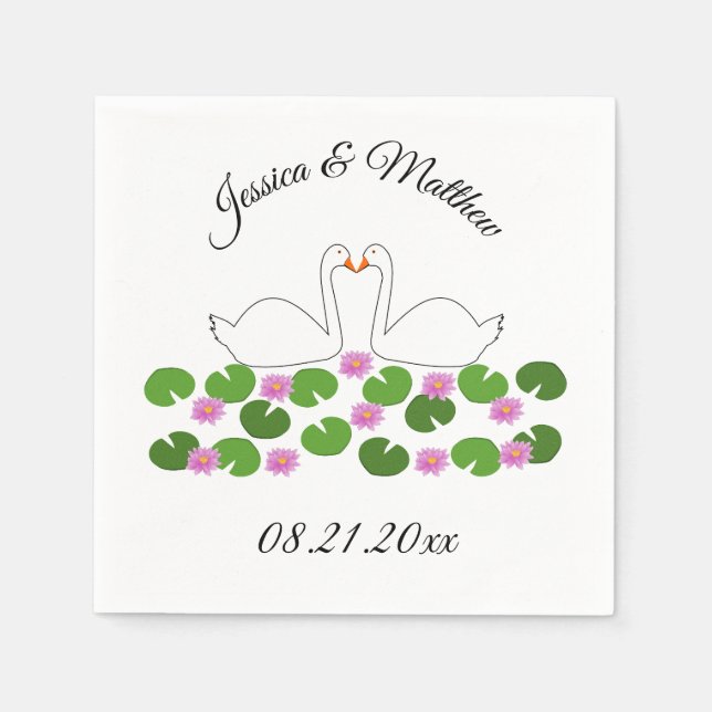 Servilleta De Papel Cisnes blancas y nenúfares Bodas Personalizado (Anverso)