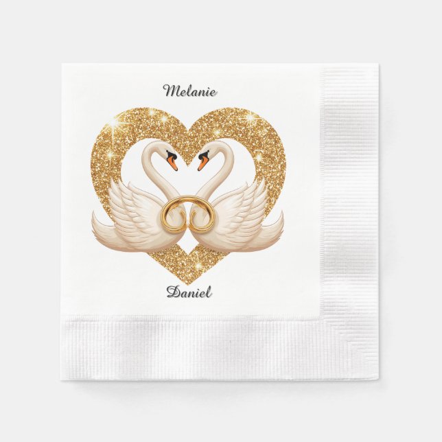 Servilleta De Papel Cisnes Elegantes con Anillos Dorados (Anverso)