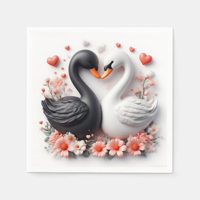 Servilleta De Papel Cisnes románticos decorados con flores (Anverso)