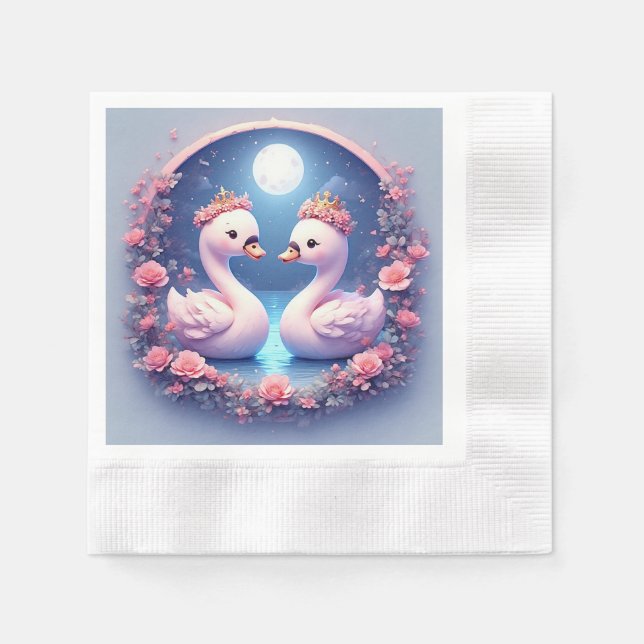 Servilleta De Papel Cisnes románticos decorados con flores (Anverso)