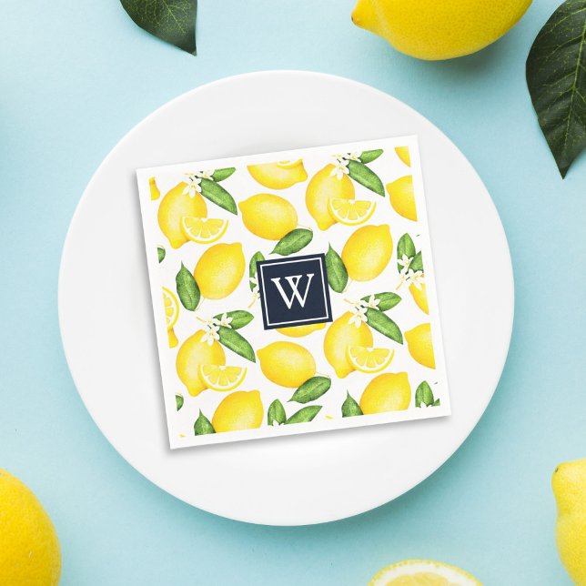 Servilleta De Papel Citrus Lemon Botanical Navy Monogram (Subido por el creador)