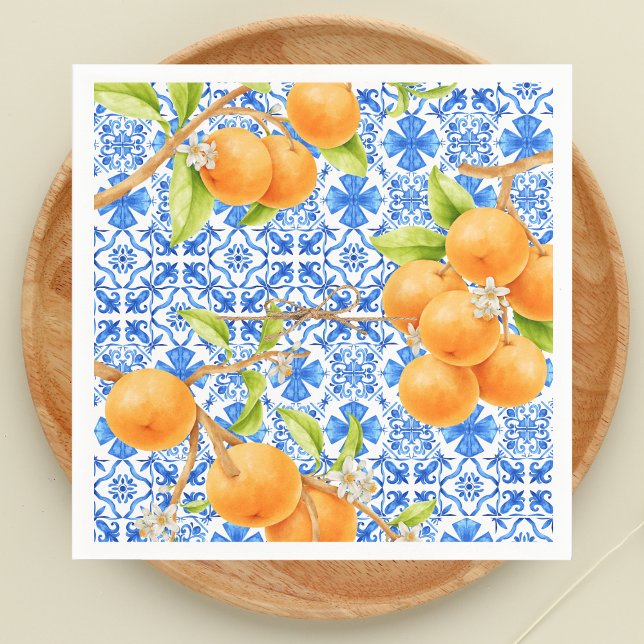Servilleta De Papel Citrus Naranjas y Azulejo Azul (Citrus Oranges Little Cutie Azulejo Tiles )