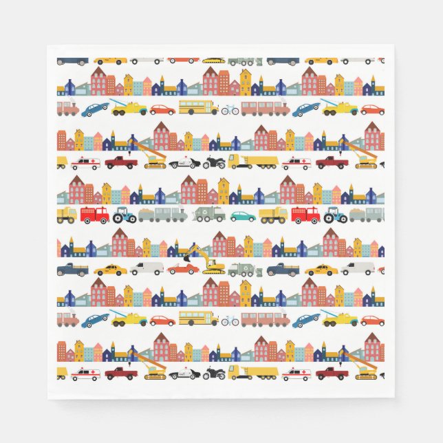 Servilleta De Papel City Transportation Vehicles Trucks Cars Kids (Anverso)