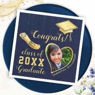 Servilleta De Papel Clase de 2025 foto de graduación en azul y oro de