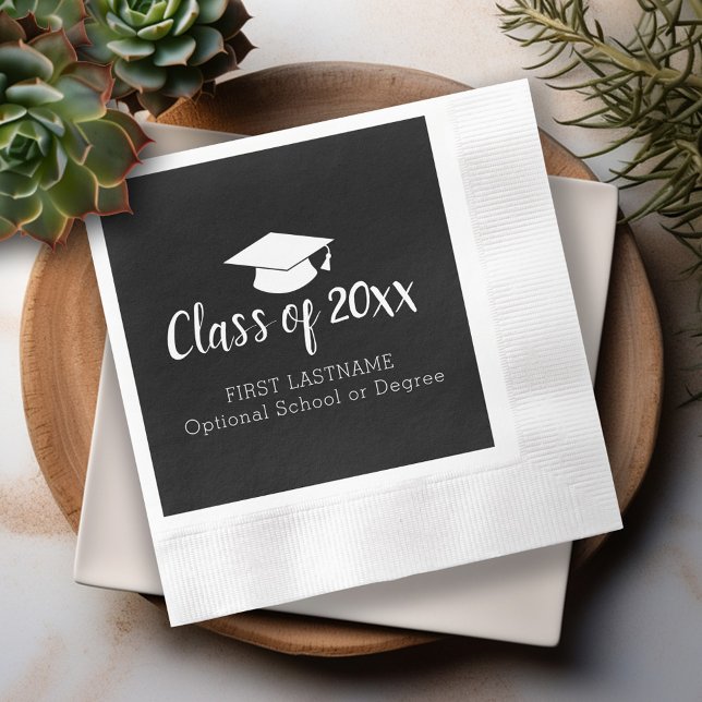 Servilleta De Papel Clase de Año y Título de Graduación Negro Blanco (Custom Graduation Napkins - Personalize these for the Grad Party)