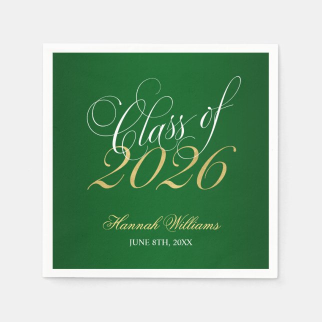 Servilleta De Papel Clase de graduación Script Green Gold 2026 (Anverso)