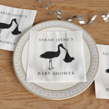 Clásico Black Stork Baby Shower White Napkins