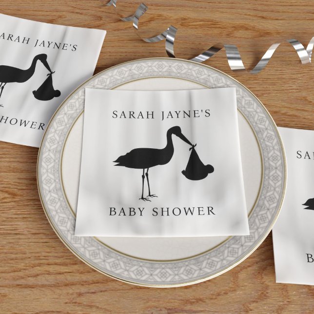 Servilleta De Papel Clásico Black Stork Baby Shower White Napkins (Choose the color of your baby shower napkins or keep the classic black stork with white.)