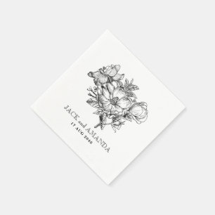 Servilleta De Papel Clásico dibujo floral de boda en blanco y negro