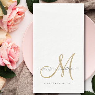 Servilleta De Papel Clásico Gris Blanco Dorado Monograma Boda Elegante