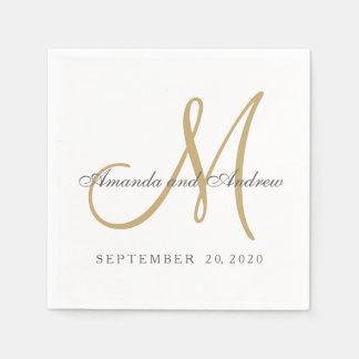 Servilleta De Papel Clásico Gris Blanco Dorado Monograma Elegante Boda