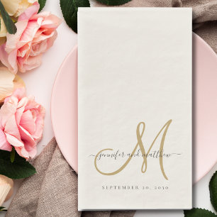Servilleta De Papel Clásico Gris Ecru Monograma Dorado Boda Elegante