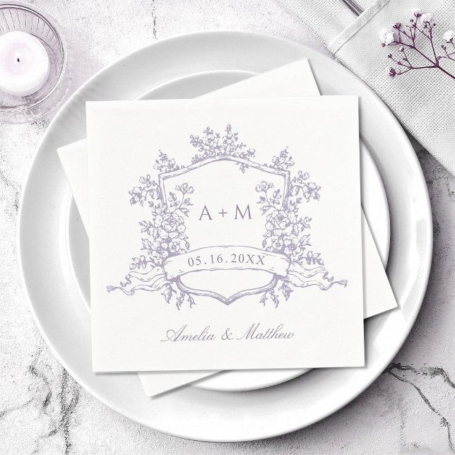 Servilleta De Papel Clásico Lila Floral Cresta Monogramas Boda (Subido por el creador)