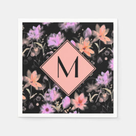 Servilleta De Papel Clásico Monograma Floral en Negro y Coral Rosa