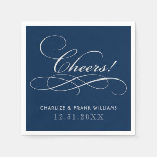 Servilleta De Papel Clásico Navy Silver Cheers Caligrafía Boda