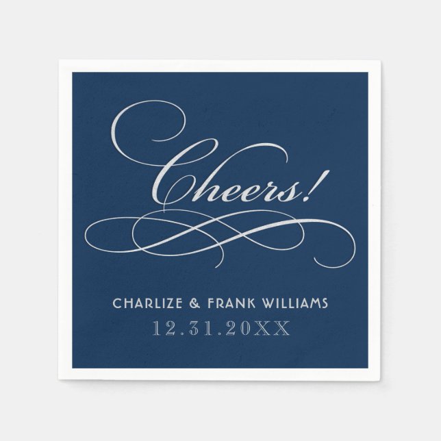 Servilleta De Papel Clásico Navy Silver Cheers Caligrafía Boda (Anverso)