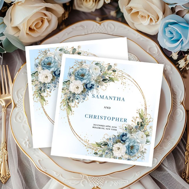 Servilleta De Papel Classic Blue Floral Gold Frame Wedding Napkins (Classic Blue Floral Gold Frame Wedding Napkins)