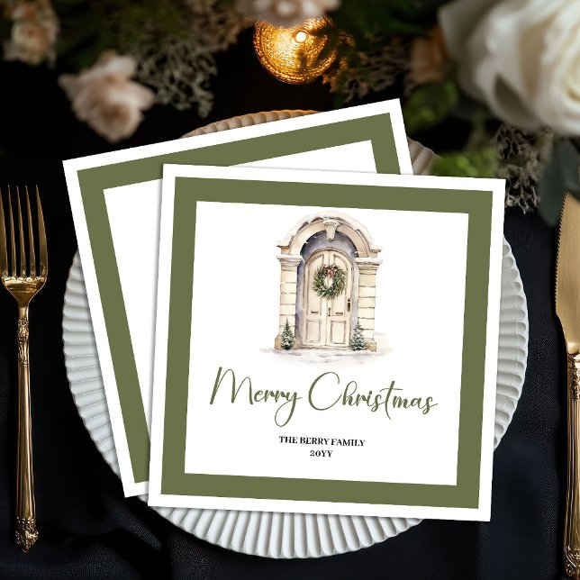 Servilleta De Papel Classic Earth Tone Christmas Door Custom Name (Classic Earth Tone Christmas Tree Custom Name Napkins)