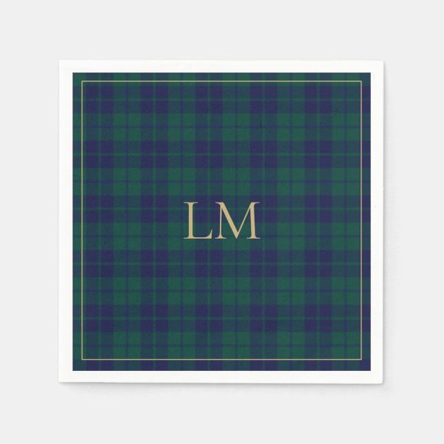 Servilleta De Papel Classic Green Navy Tartan Plaid Gold Monogram (Anverso)