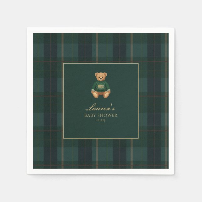 Servilleta De Papel Classic Green Plaid Bear Baby Shower  (Anverso)