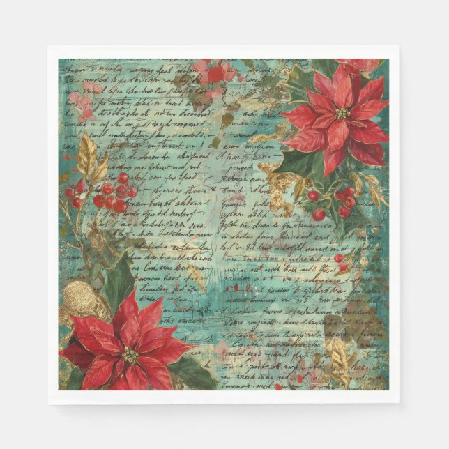 Servilleta De Papel Classic Handwritten Poinsettia Christmas Holiday (Anverso)