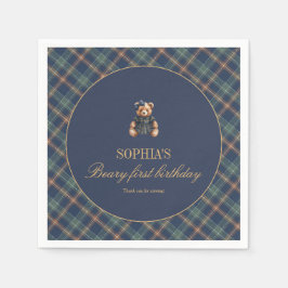 Servilleta De Papel Classic Navy Plaid Teddy Bear Girl Birthday Napkin