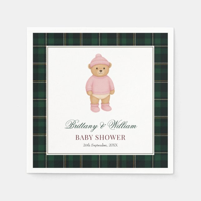 Servilleta De Papel Classic Preppy Bear Green Tartan Plaid Baby Shower (Anverso)