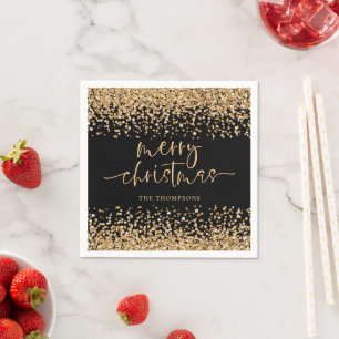Servilleta De Papel Classy Gold Purpurina Merry Christmas Fiesta Black
