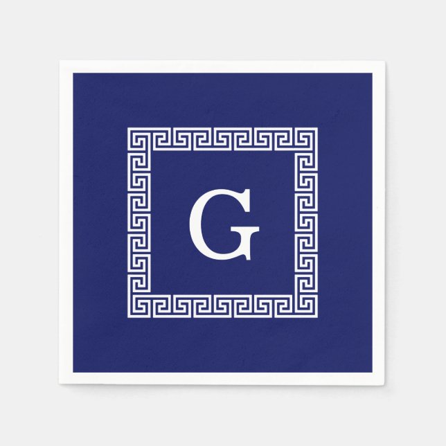 Servilleta De Papel Clave griega blanca azul de la marina #1 Monograma (Anverso)