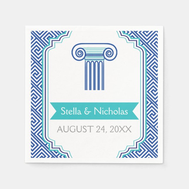 Servilleta De Papel Clave y columna griega azul boda griego (Anverso)