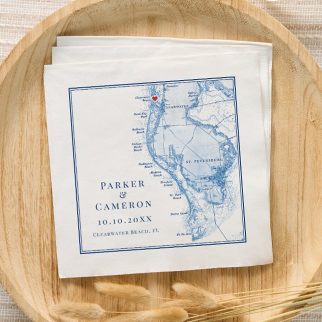 Servilleta De Papel Clearwater Beach FL Map Elegante Boda Azul de la M (Clearwater Beach FL Wedding Cocktail Napkins in Elegant navy blue from Coastal Map Designs)