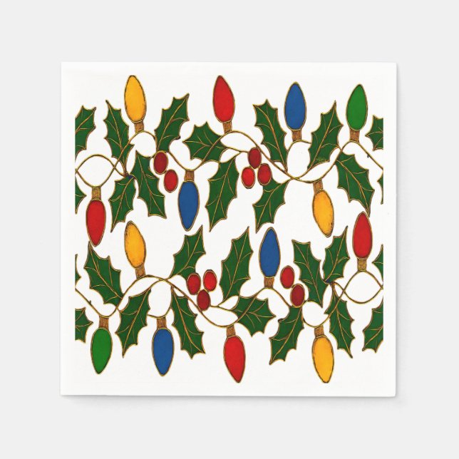 Servilleta De Papel Cloisonne Art Christmas Lights and Holly (Anverso)