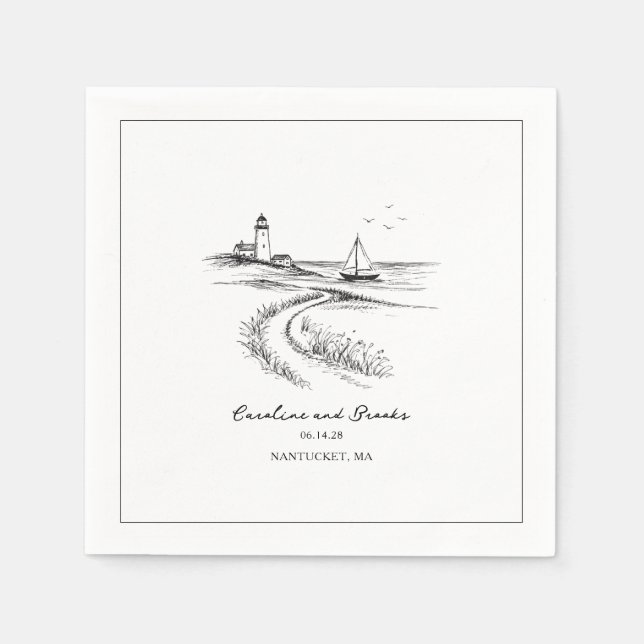Servilleta De Papel Coastal Hand Drawn Black & White Wedding (Anverso)