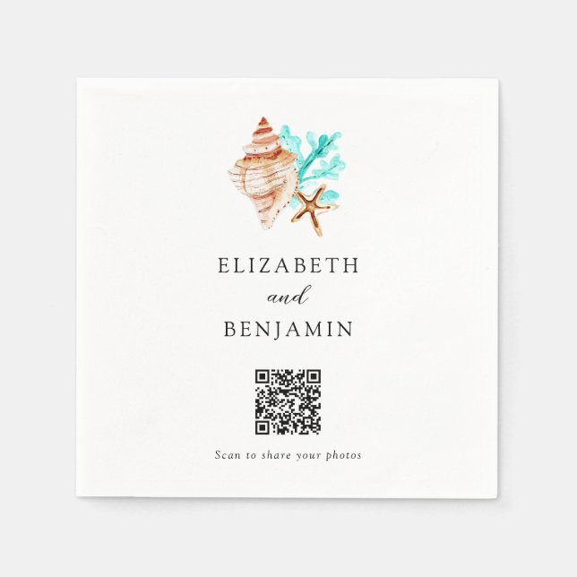 Servilleta De Papel Coastal Seashell Beach Wedding QR Code Share Photo (Anverso)