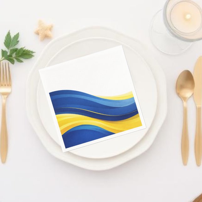 Servilleta De Papel Cobalt Blue and Lemon Yellow Modern Waves (Cobalt Blue and Lemon Yellow Wedding Collection-Napkins)