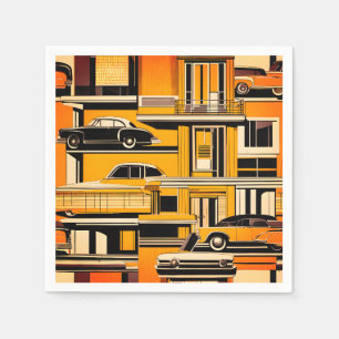 Servilleta De Papel Coches Retro Geométrico Mostaza Mediados de Siglo