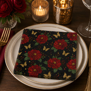 Servilleta De Papel Cocktail Elegante Mariposa Dorada Floral Rojo
